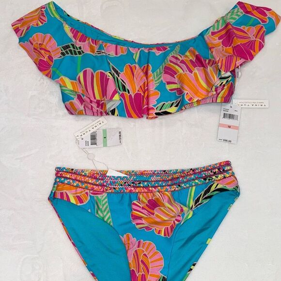 Trina Turk Poppy Ruffle Bandeau Top & Poppy Braided Hipster Bikini Bottom-Cheeky - Picture 9 of 9